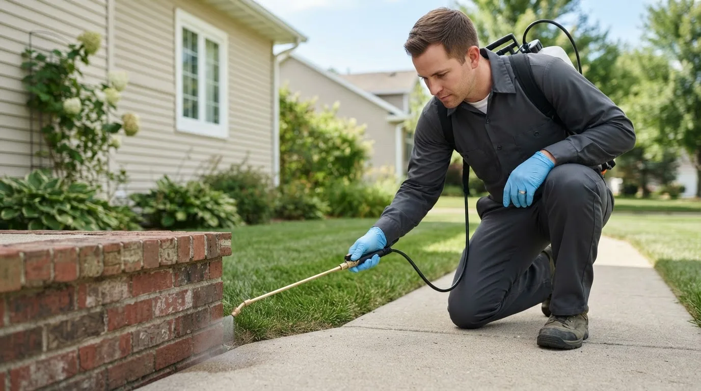 Pest control technician treating a home near Wildomar, CA